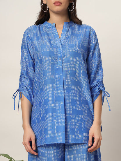 Women's Blue Cotton Blend Printed Shirt With Palazzo Co-ords Set