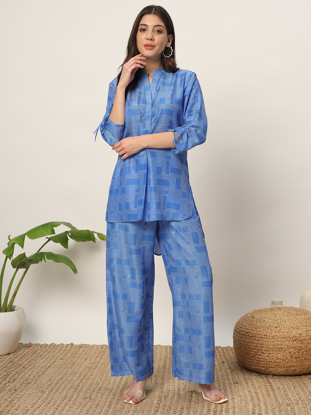 Women's Blue Cotton Blend Printed Shirt With Palazzo Co-ords Set