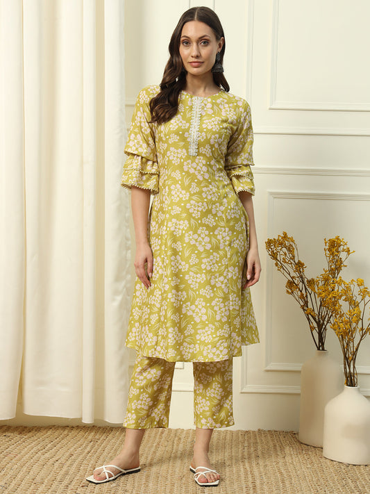 Women's Light Yellow Cotton Blend A-Line Kurta and Pant