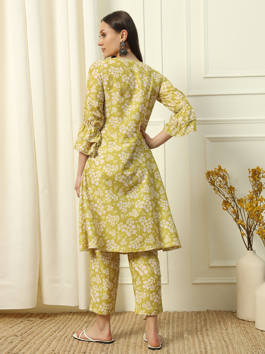 Women's Light Yellow Cotton Blend A-Line Kurta and Pant