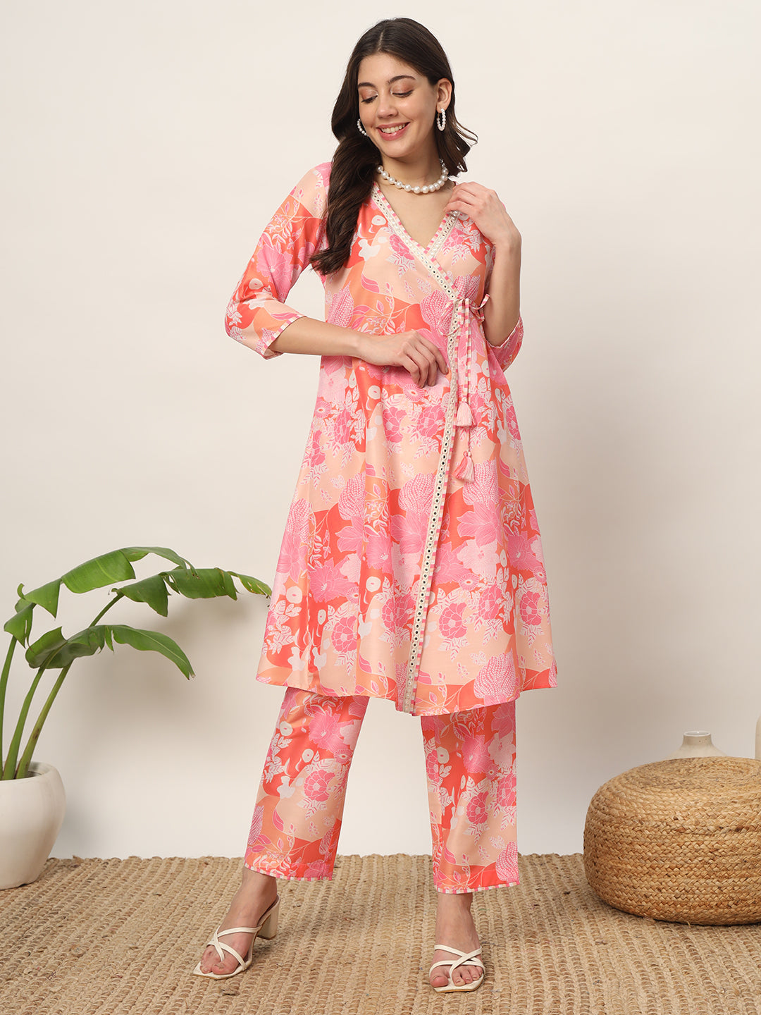 Women's Pink Cotton Blend A-Line Kurta and Pant