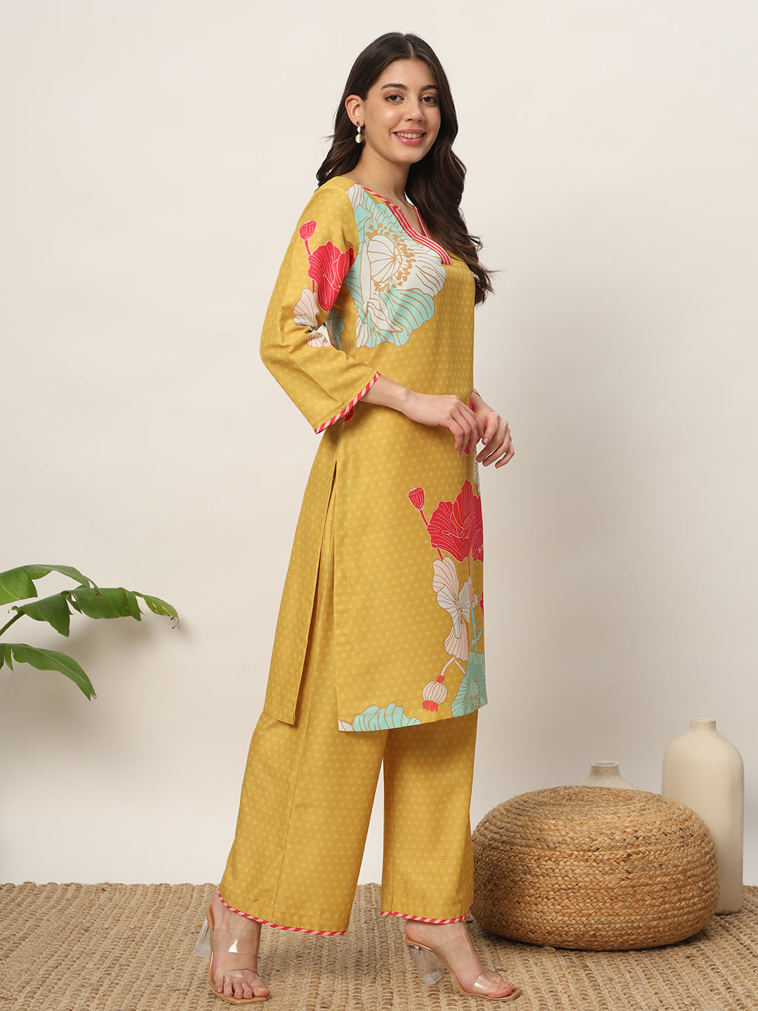 Women's Yellow Cotton Blend Kurta and Palazzo Set