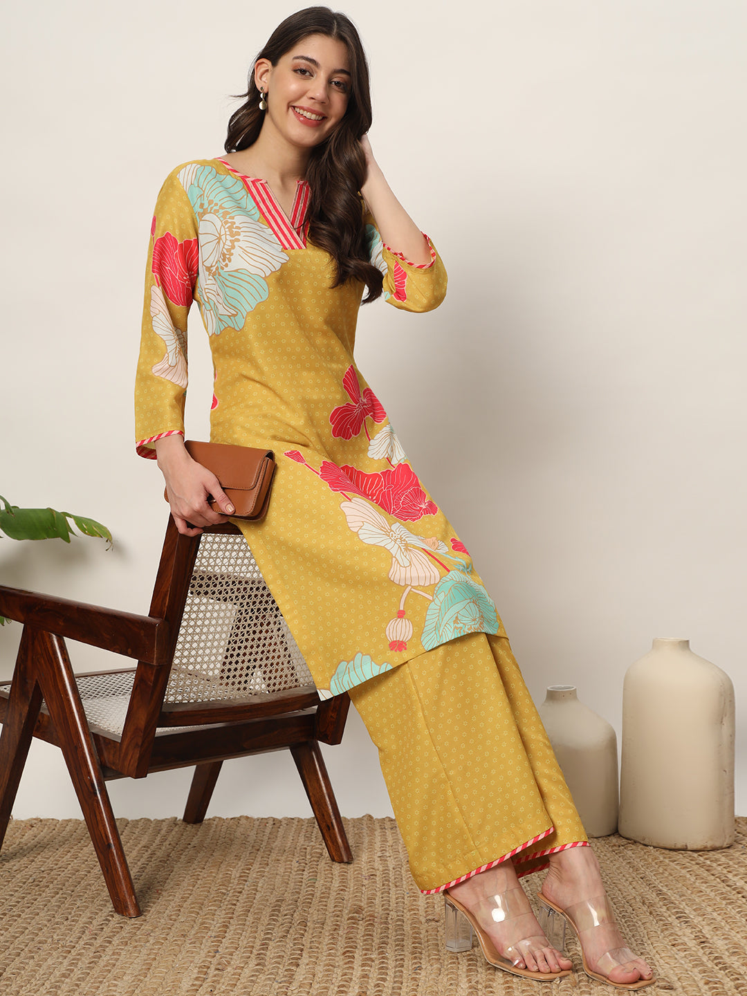 Women's Yellow Cotton Blend Kurta and Palazzo Set