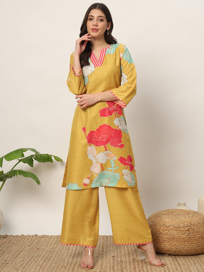 Women's Yellow Cotton Blend Kurta and Palazzo Set