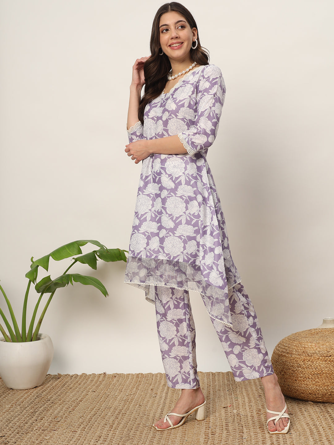 Women's Lavender Cotton Blend Printed Tunic With Trouser Kurta set