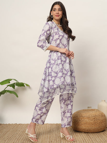 Women's Lavender Cotton Blend Printed Tunic With Trouser Kurta set