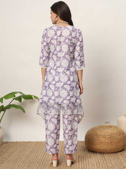 Women's Lavender Cotton Blend Printed Tunic With Trouser Kurta set