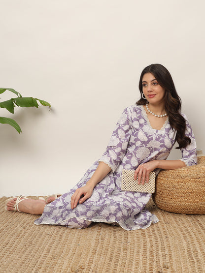 Women's Lavender Cotton Blend Printed Tunic With Trouser Kurta set