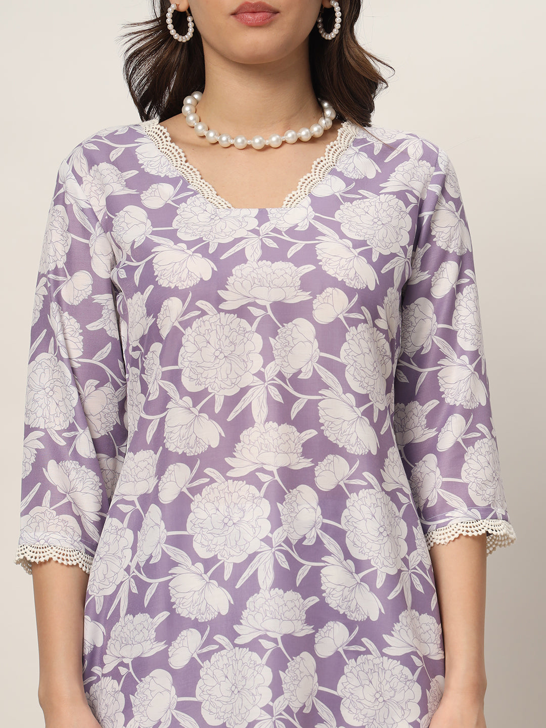 Women's Lavender Cotton Blend Printed Tunic With Trouser Kurta set