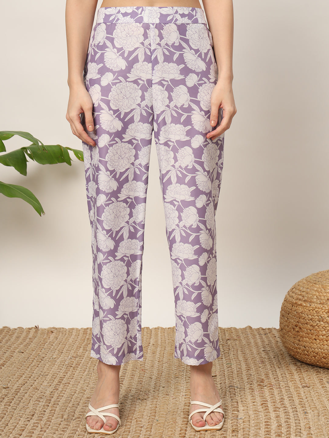 Women's Lavender Cotton Blend Printed Tunic With Trouser Kurta set