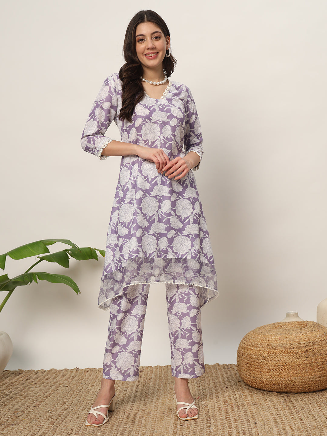 Women's Lavender Cotton Blend Printed Tunic With Trouser Kurta set