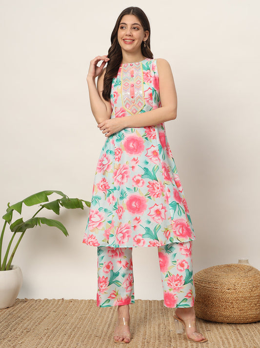 Women's Pink Cotton Blend A-Line Kurta Set