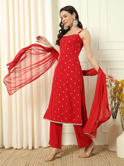 Women's Red Crepe Straight Kurta and Palazzo With Dupatta