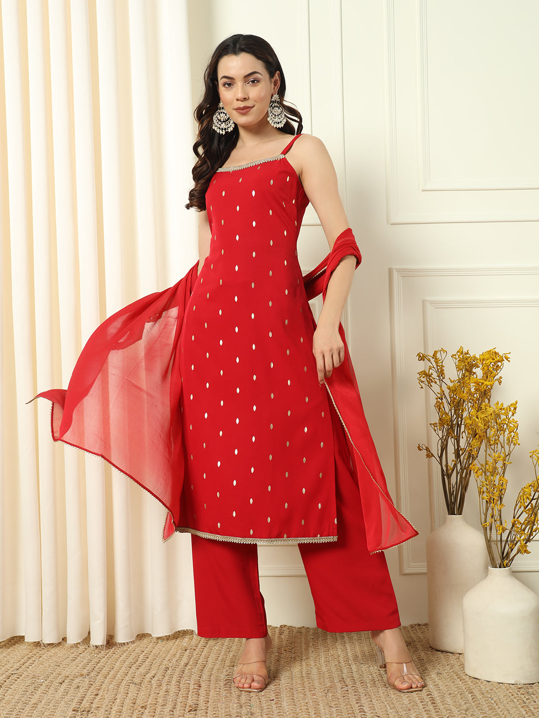 Women's Red Crepe Straight Kurta and Palazzo With Dupatta