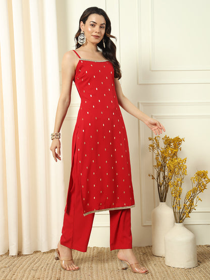 Women's Red Crepe Straight Kurta and Palazzo With Dupatta