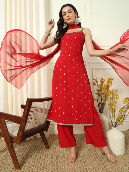 Women's Red Crepe Straight Kurta and Palazzo With Dupatta