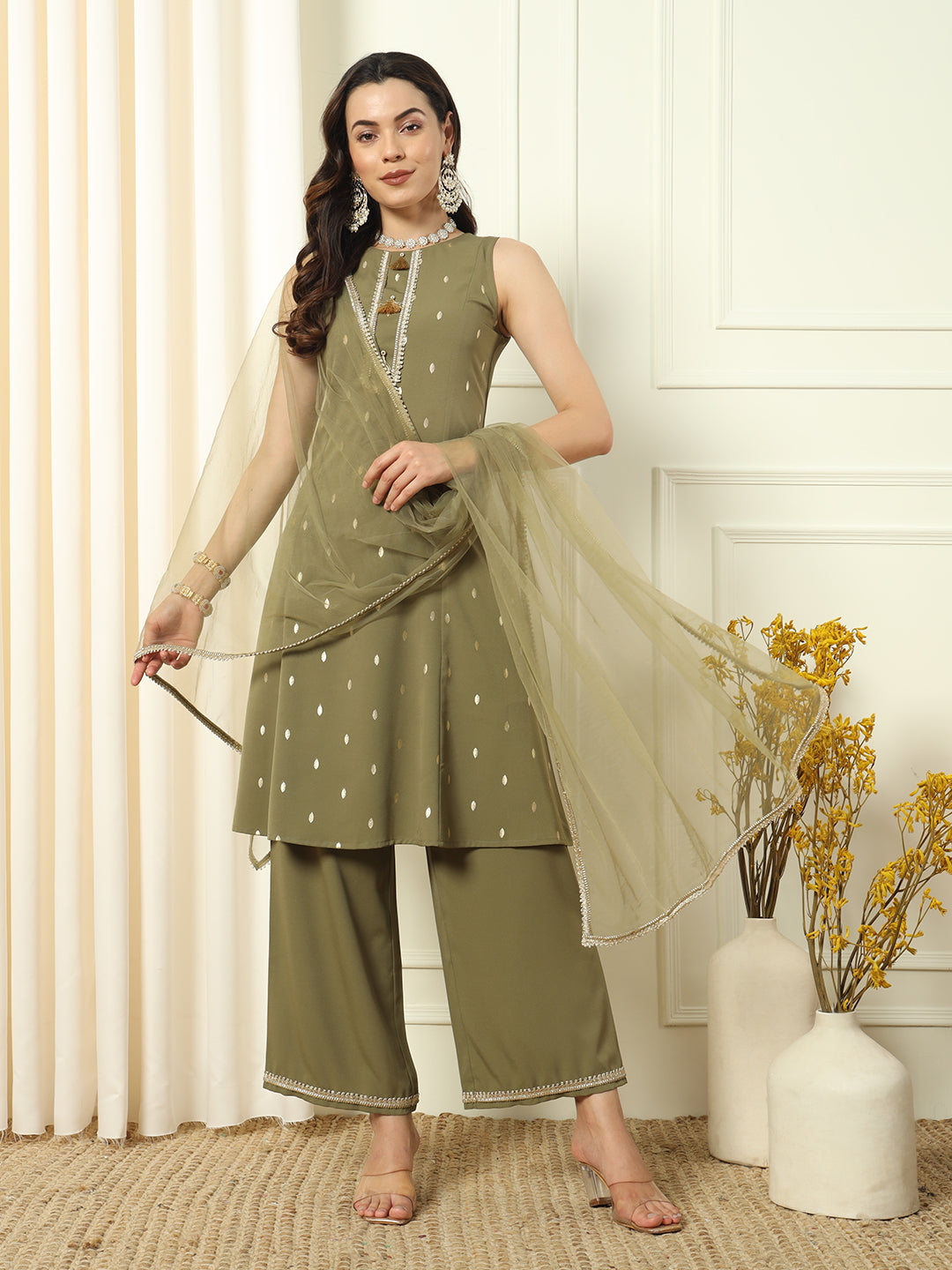 Women's Mehndi Green Crepe Straight Kurta and Palazzo With Dupatta