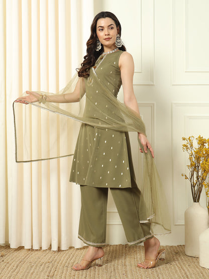 Women's Mehndi Green Crepe Straight Kurta and Palazzo With Dupatta