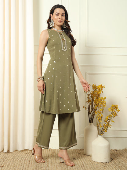 Women's Mehndi Green Crepe Straight Kurta and Palazzo With Dupatta