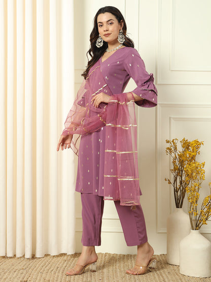 Women's Lavender Crepe Flared Kurta and Pant With Dupatta