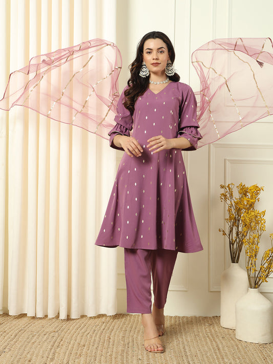 Women's Lavender Crepe Flared Kurta and Pant With Dupatta