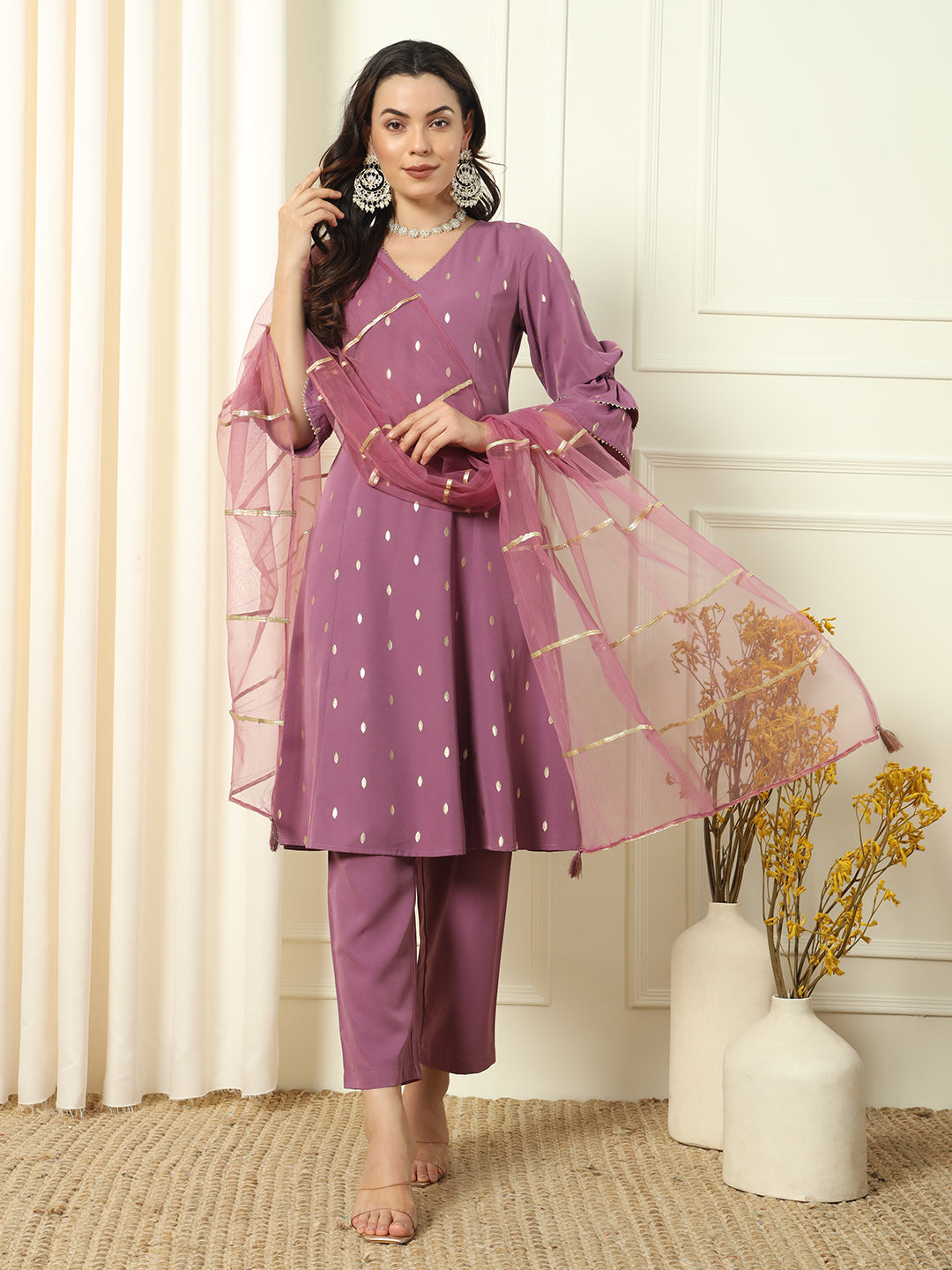 Women's Lavender Crepe Flared Kurta and Pant With Dupatta