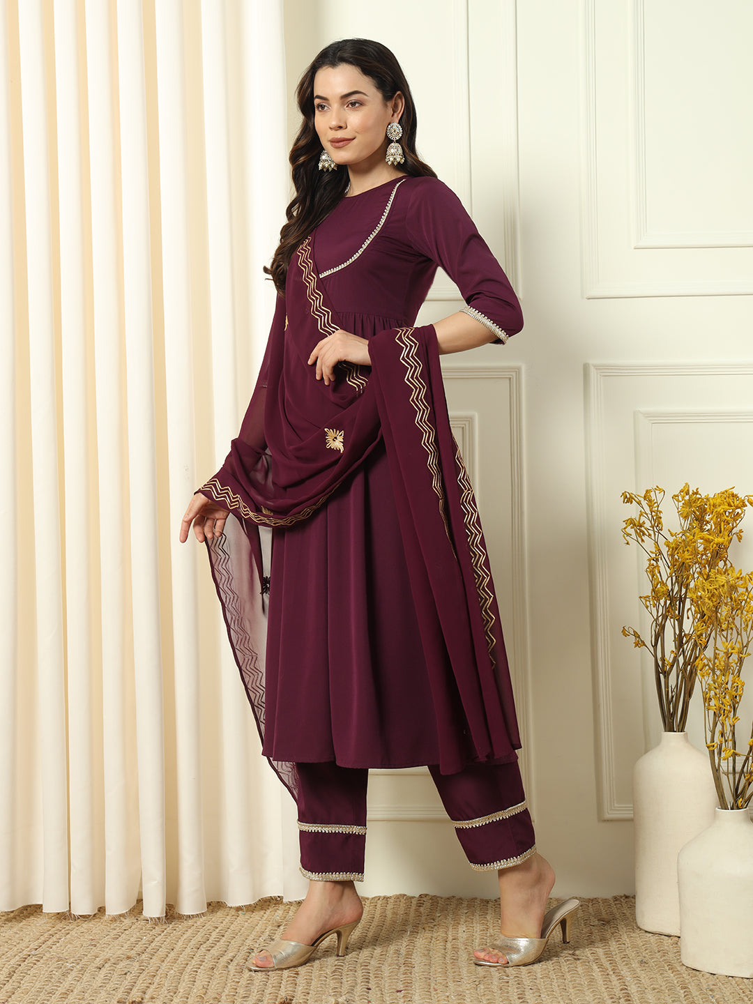 Women's Wine Crepe Flared Kurta and Pant With Dupatta