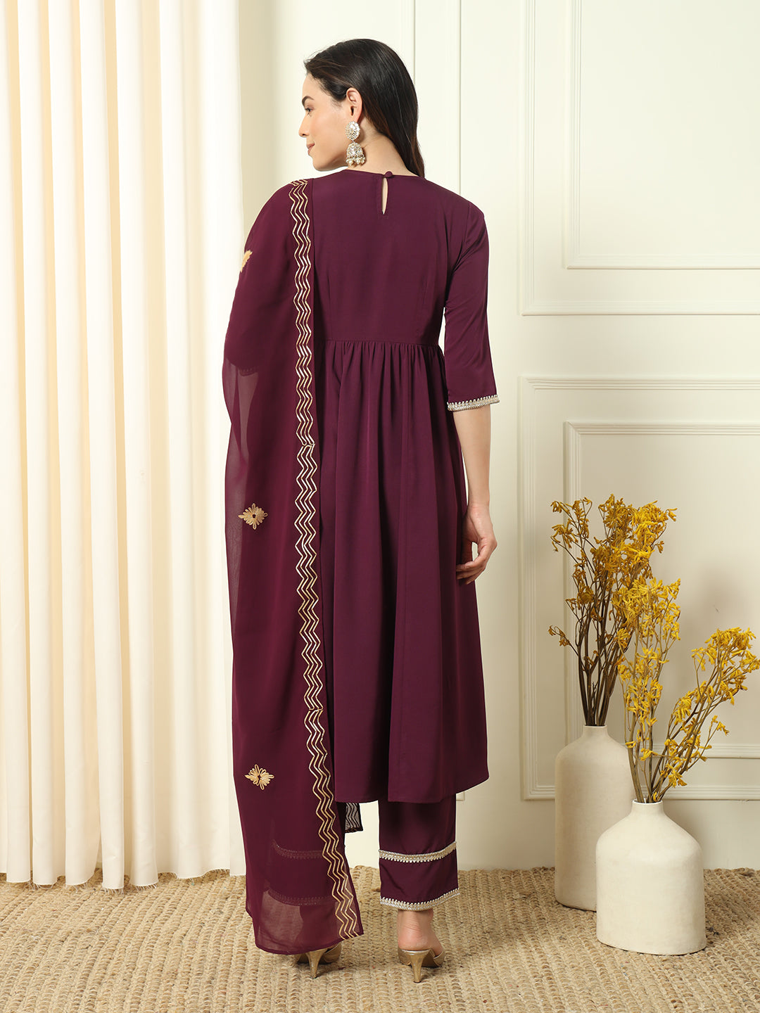 Women's Wine Crepe Flared Kurta and Pant With Dupatta