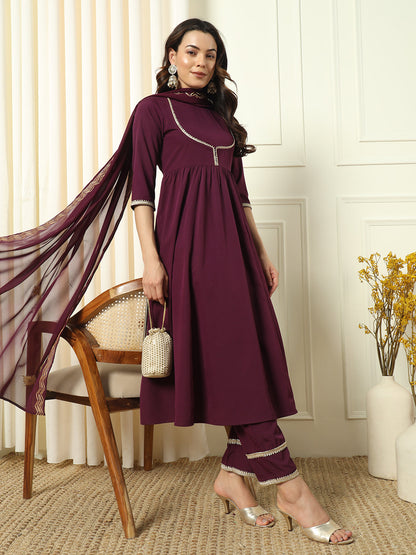 Women's Wine Crepe Flared Kurta and Pant With Dupatta