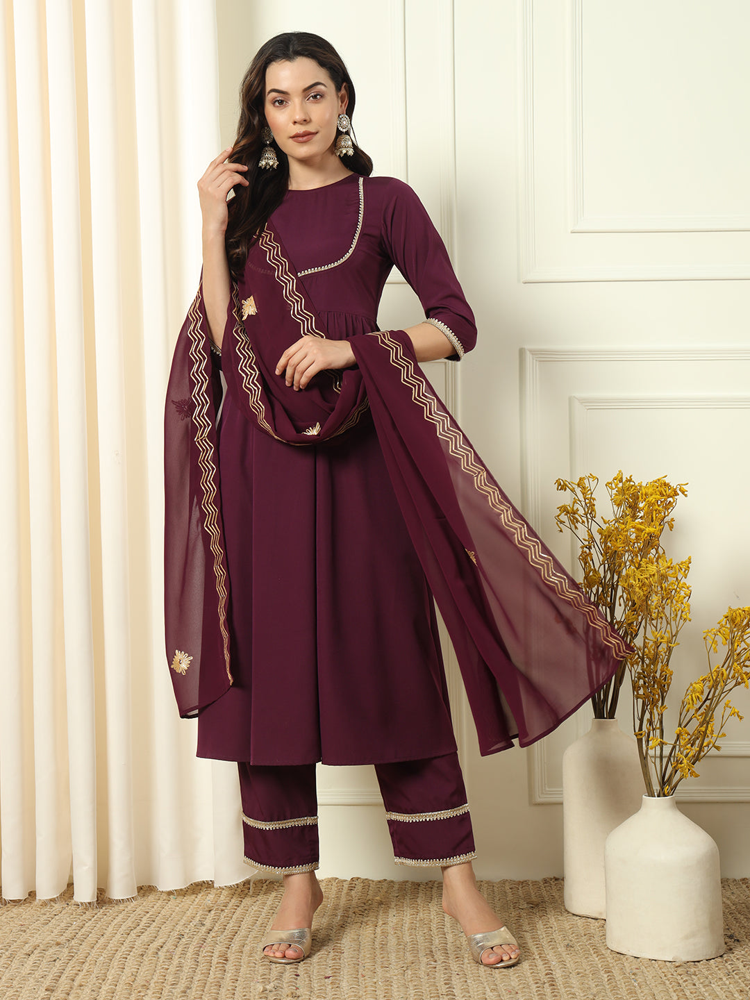 Women's Wine Crepe Flared Kurta and Pant With Dupatta