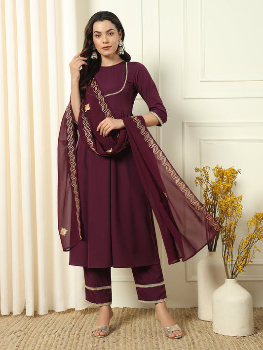 Women's Wine Crepe Flared Kurta and Pant With Dupatta