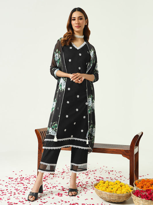 Women's Black Cotton Straight Kurta and Pant With Dupatta