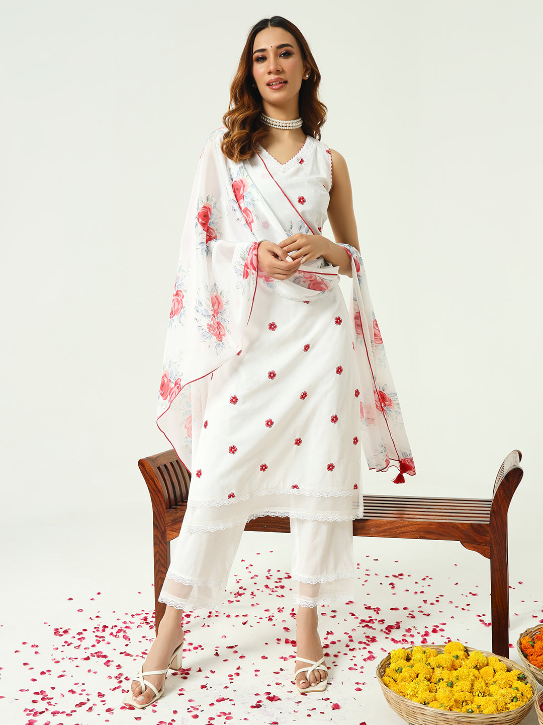 Women's White Cotton Straight Kurta and Pant With Dupatta