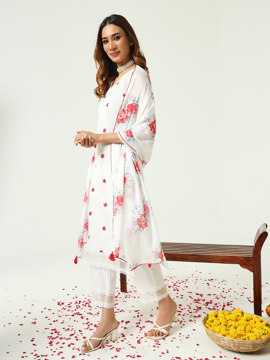 Women's White Cotton Straight Kurta and Pant With Dupatta