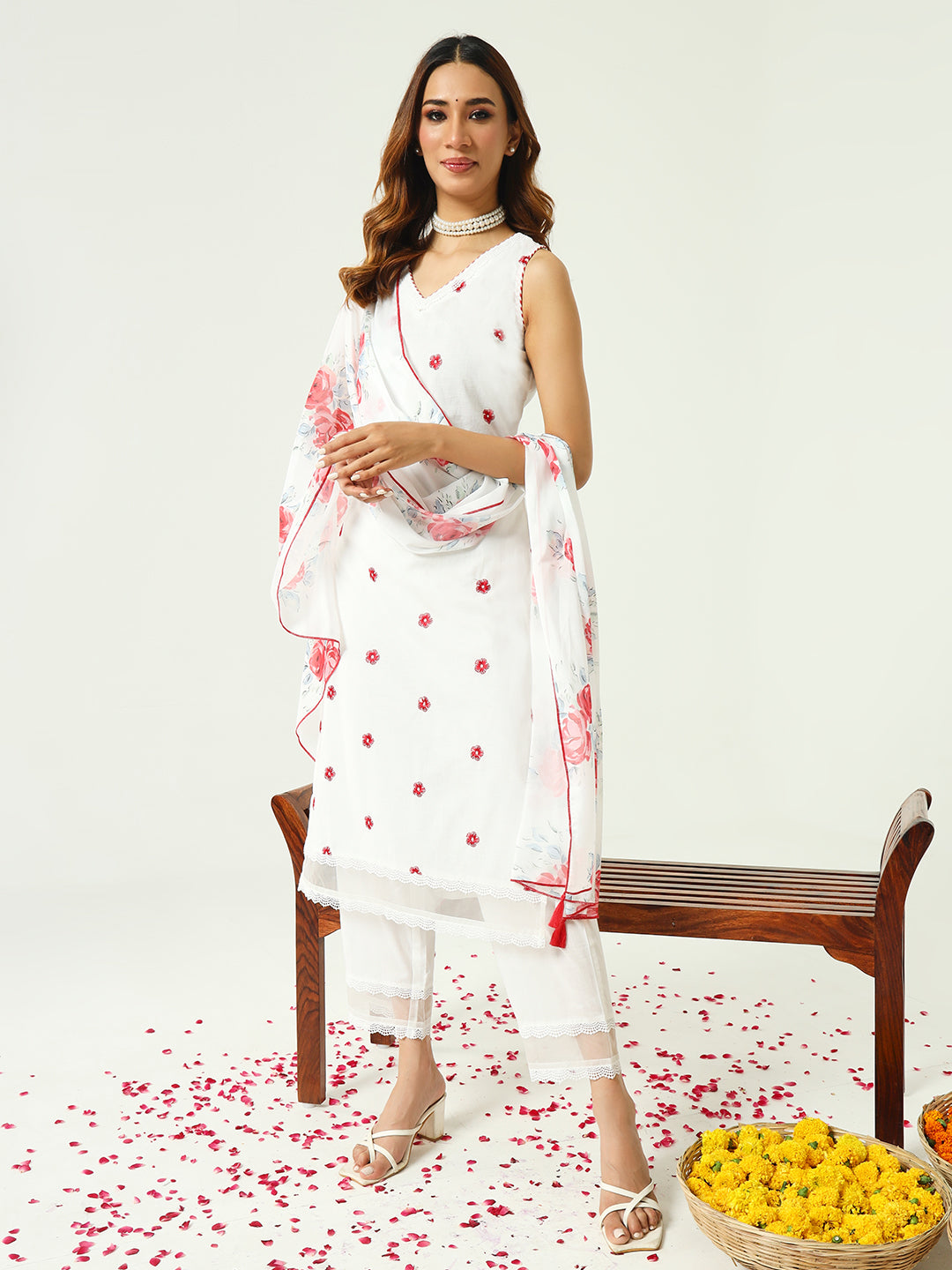 Women's White Cotton Straight Kurta and Pant With Dupatta