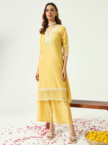 Women's Yellow Silk Blend Straight Kurta and Palazzo With Embroidered Dupatta