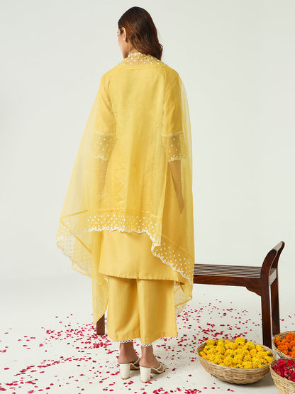 Women's Yellow Silk Blend Straight Kurta and Palazzo With Embroidered Dupatta