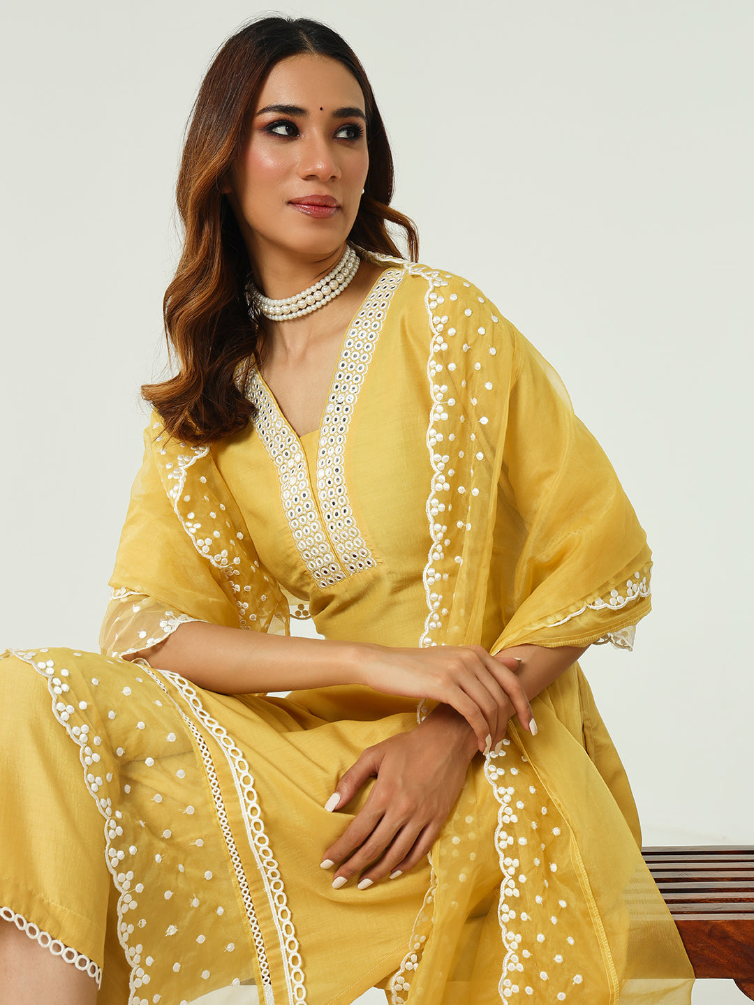 Women's Yellow Silk Blend Straight Kurta and Palazzo With Embroidered Dupatta