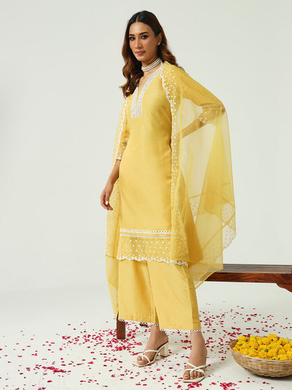 Women's Yellow Silk Blend Straight Kurta and Palazzo With Embroidered Dupatta