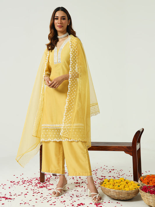 Women's Yellow Silk Blend Straight Kurta and Palazzo With Embroidered Dupatta