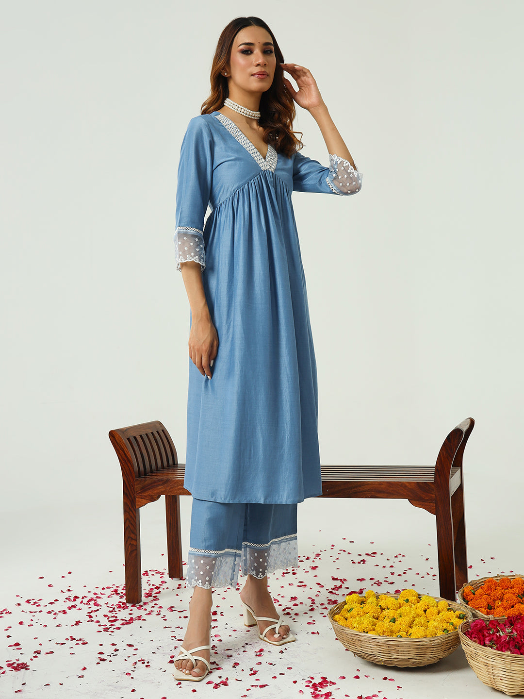 Women's Blue Silk Blend Nayra Cut Kurta and Palazzo With Embroidered Dupatta