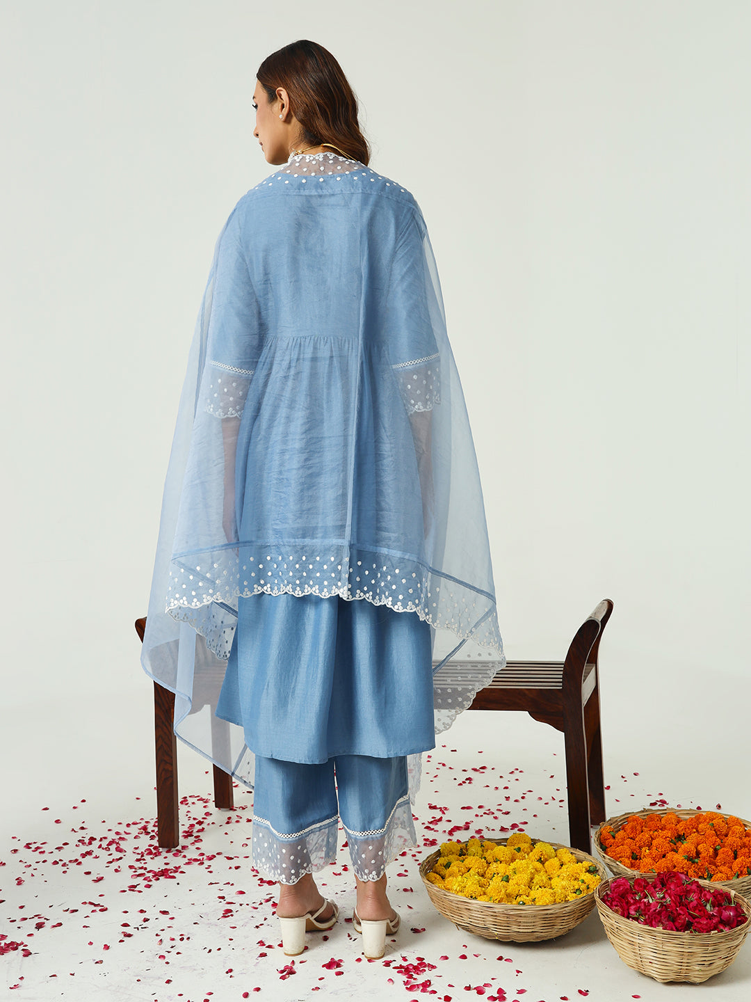 Women's Blue Silk Blend Nayra Cut Kurta and Palazzo With Embroidered Dupatta