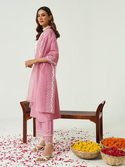 Women's Pink Silk Blend Flared Kurta and Palazzo With Embroidered Dupatta