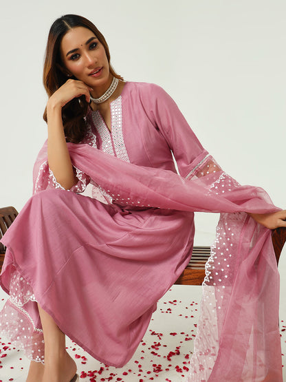 Women's Pink Silk Blend Flared Kurta and Palazzo With Embroidered Dupatta