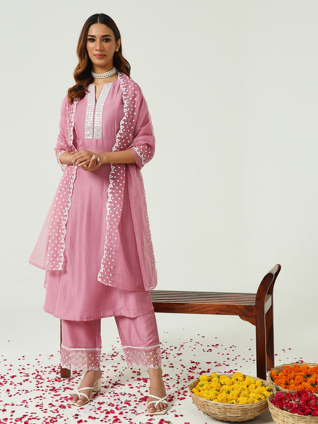 Women's Pink Silk Blend Flared Kurta and Palazzo With Embroidered Dupatta