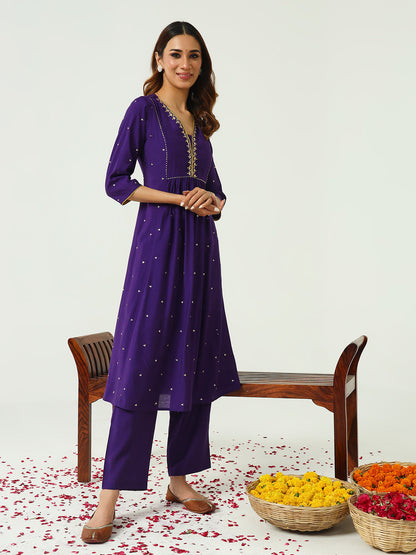 Women's Purple Chanderi A-line Kurta with Pant and Dupatta