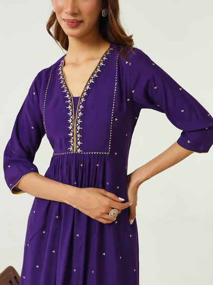 Women's Purple Chanderi A-line Kurta with Pant and Dupatta