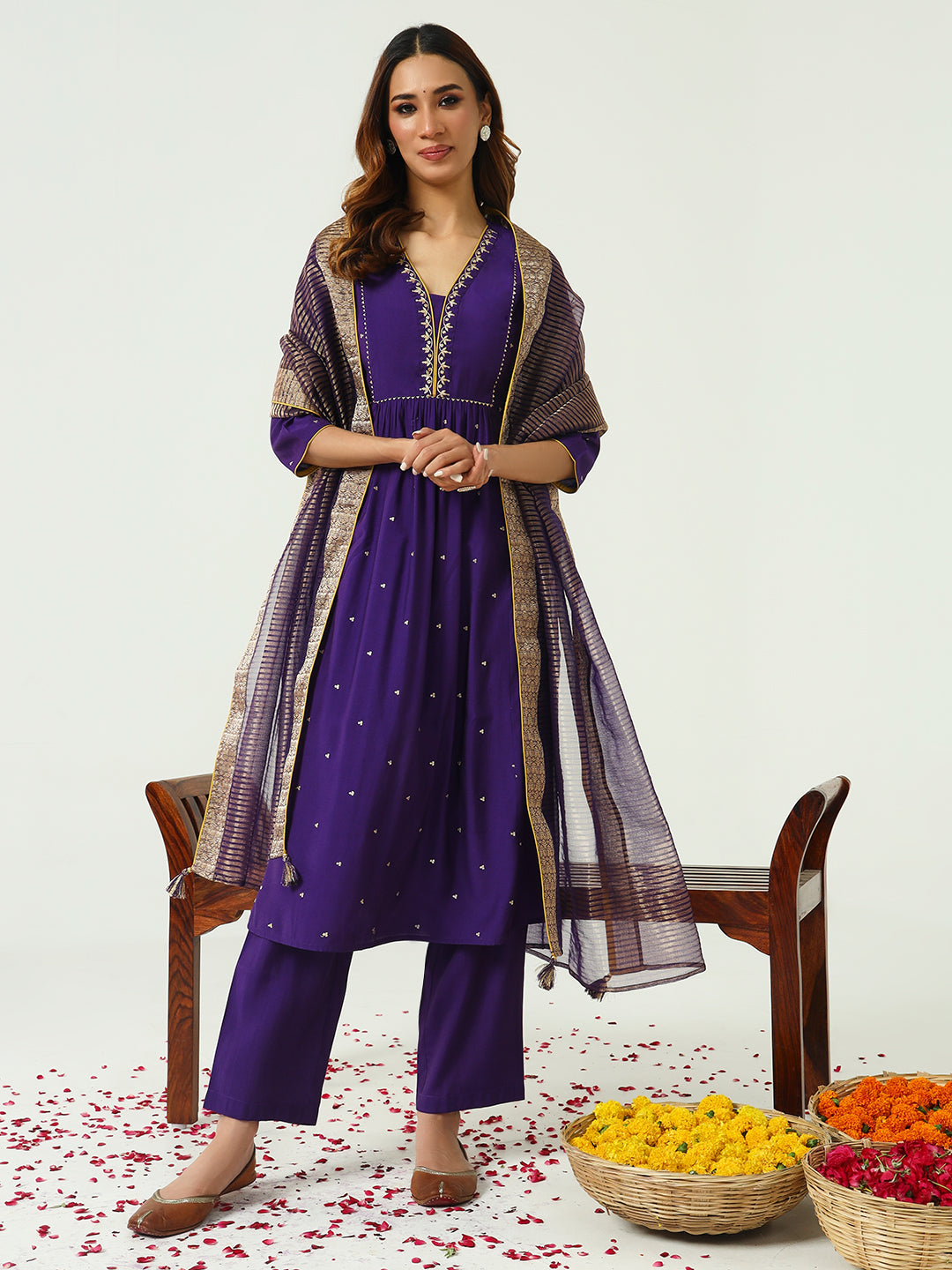 Women's Purple Chanderi A-line Kurta with Pant and Dupatta