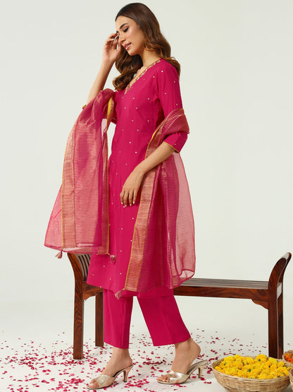 Women's Pink Chanderi A-line Kurta with Pant and Dupatta