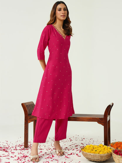 Women's Pink Chanderi A-line Kurta with Pant and Dupatta